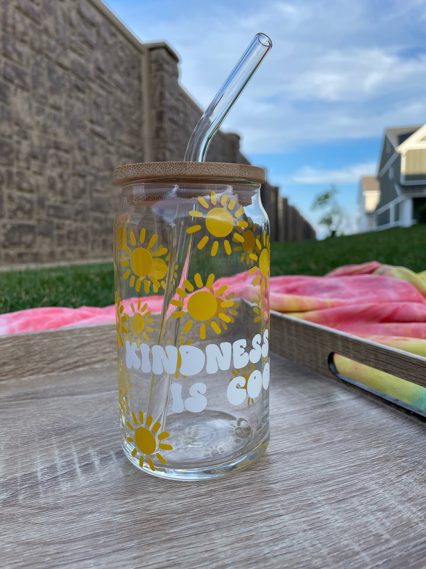 Cute reusable glass cup with lid and straw - summertime