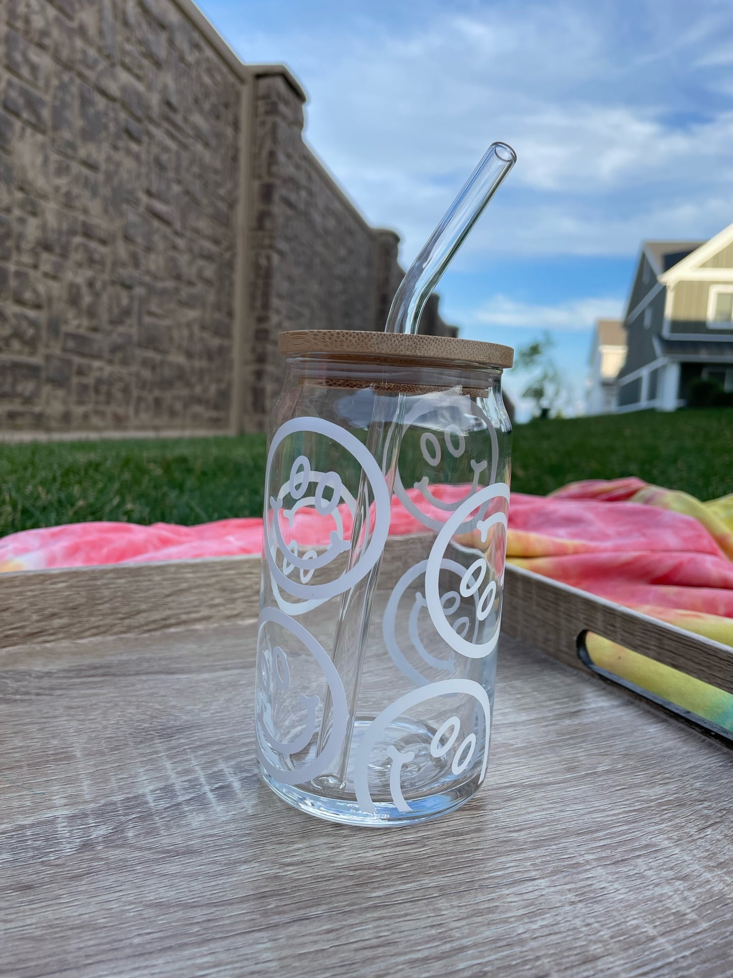 Unique reusable glass cup with lid and straw - Sip and a smile