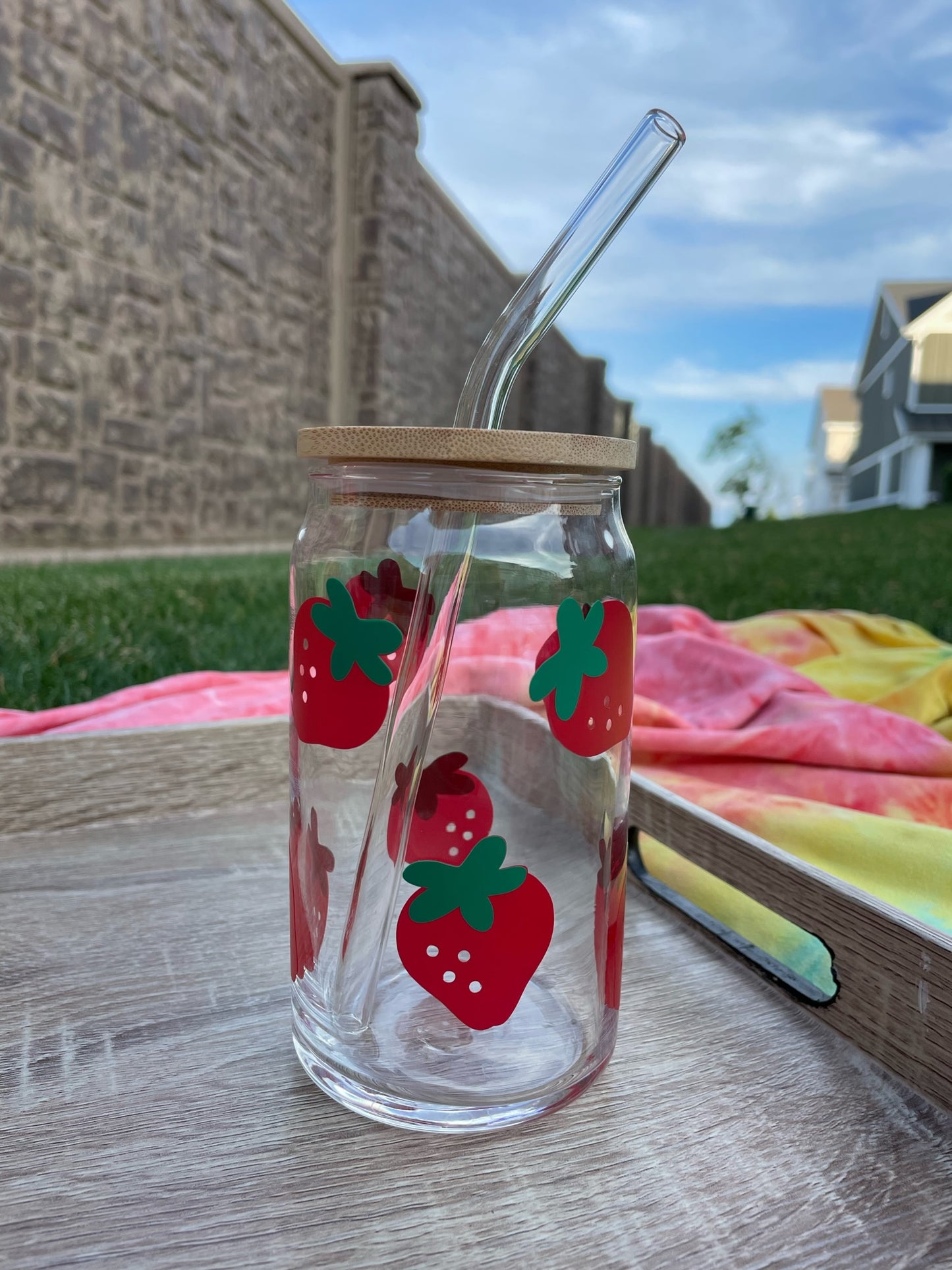 Cute reusable glass cup with lid and straw - Summertime Strawberries