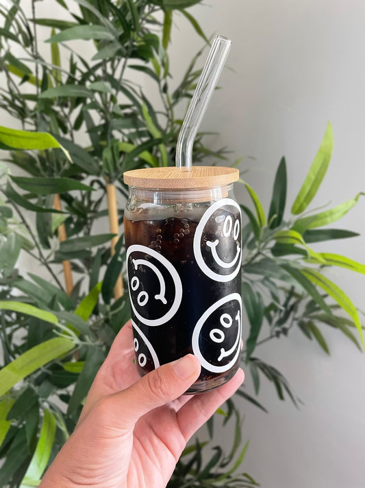 Cute reusable glass cup with lid and straw - Sip and a Smile