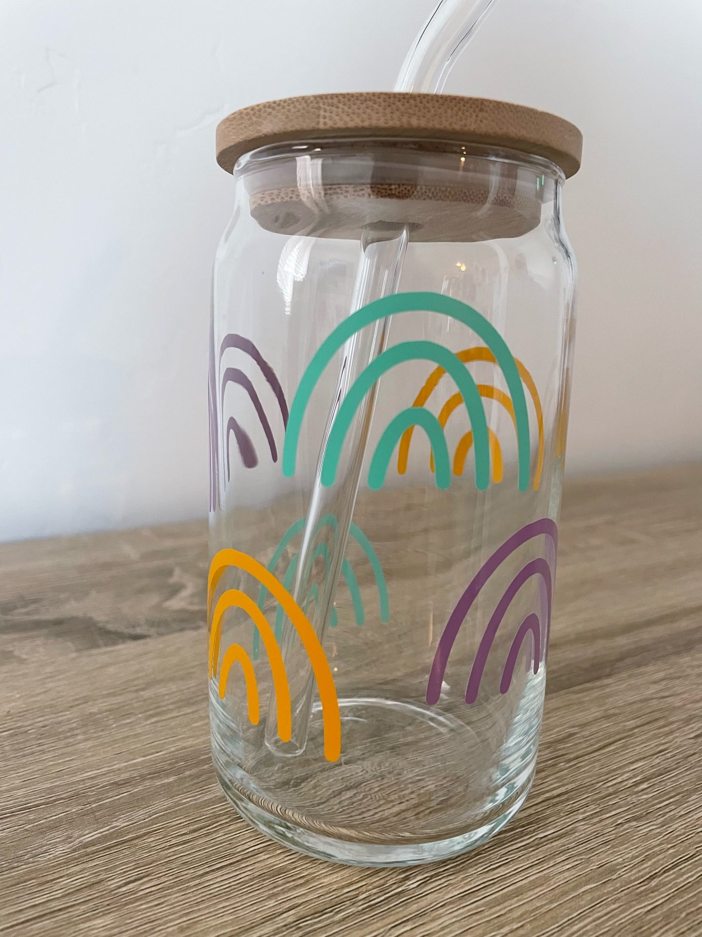 Cute reusable glass cup with lid and straw - Summertime Rainbow