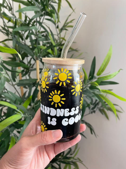 Cute reusable glass cup with lid and straw - kindness is cool